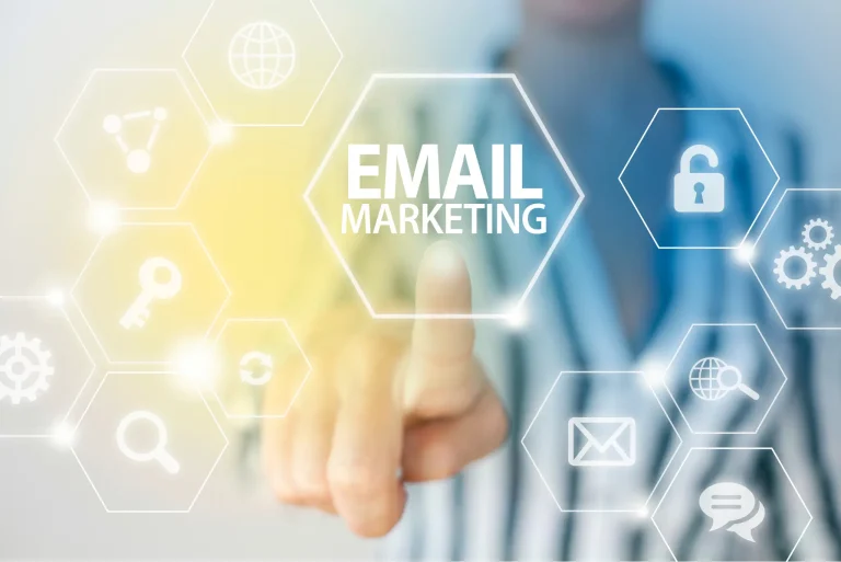 career - marketing programs manager job - person interacting with 3d touch screen with words and symbols about email marketing